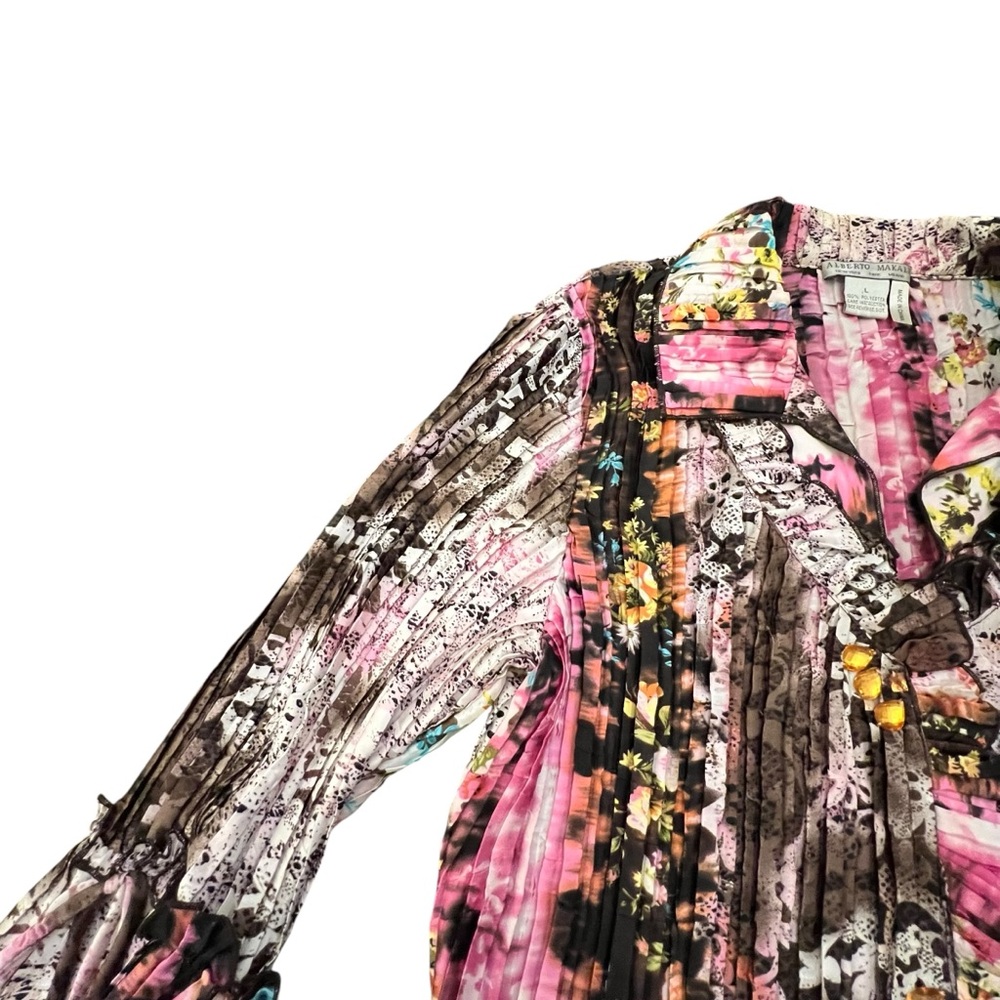 Alberto Makali Vintage Floral Abstract Short Sleeve Top Crinkle Ruffle Designer - Picture 7 of 15